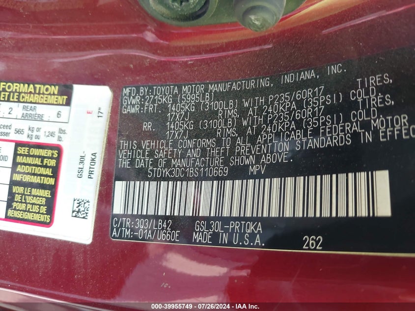 2011 Toyota Sienna Xle/Limited VIN: 5TDYK3DC1BS110669 Lot: 39955749