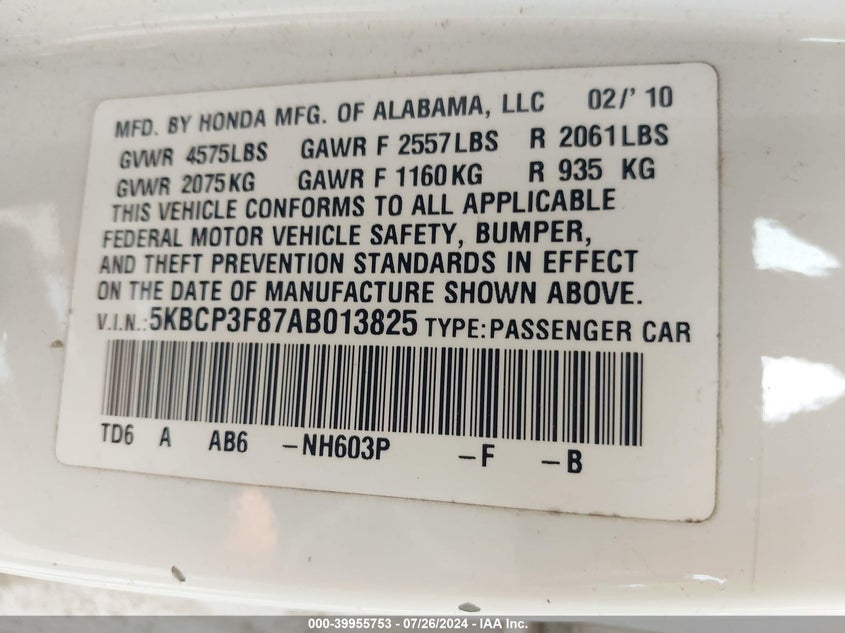 2010 Honda Accord Exl VIN: 5KBCP3F87AB013825 Lot: 39955753