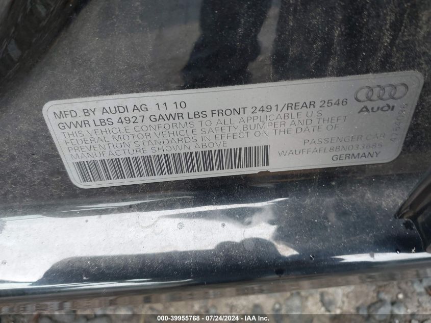 2011 Audi A4 2.0T Premium VIN: WAUFFAFL8BN033685 Lot: 39955768