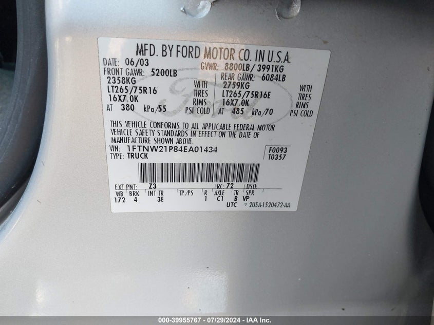 2004 Ford F250 Super Duty VIN: 1FTNW21P84EA01434 Lot: 39955767