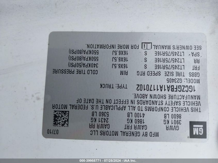 2010 Chevrolet Express 2500 Work Van VIN: 1GCZGFBA1A1170102 Lot: 39955771