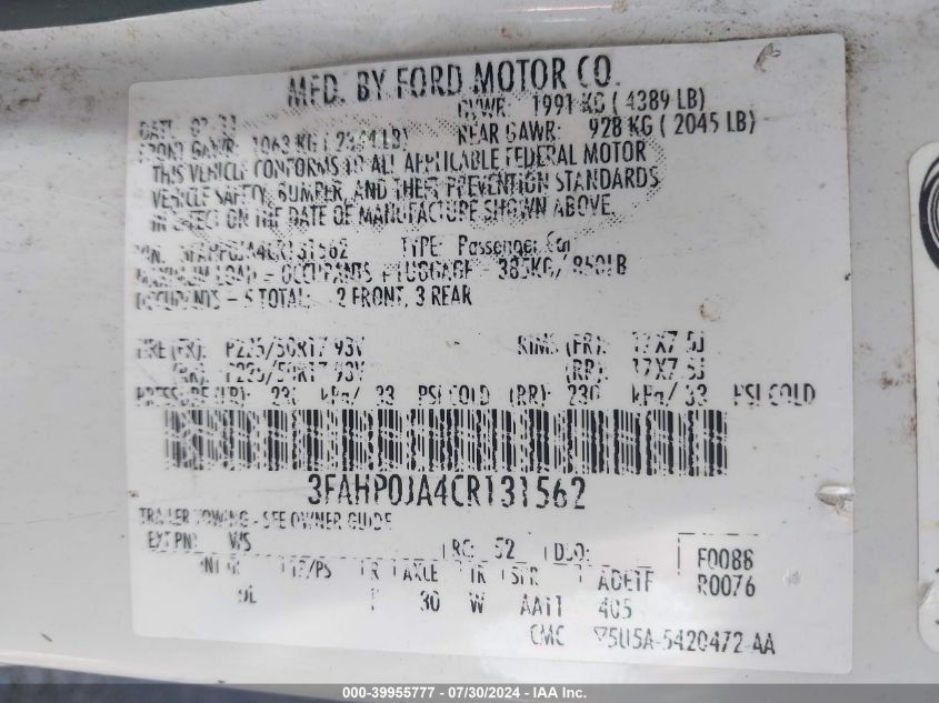 2012 Ford Fusion Sel VIN: 3FAHP0JA4CR131562 Lot: 39955777