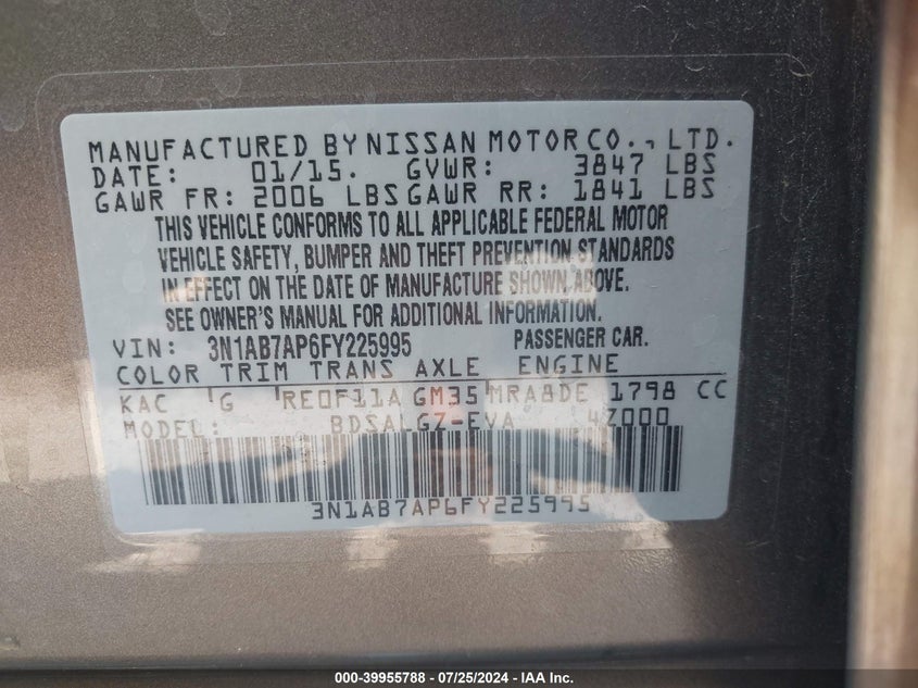 2015 Nissan Sentra Sl VIN: 3N1AB7AP6FY225995 Lot: 39955788