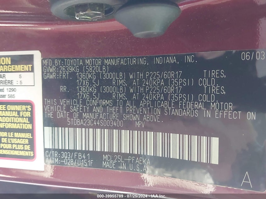 2004 Toyota Sienna Le VIN: 5TDBA23C44S003400 Lot: 39955789