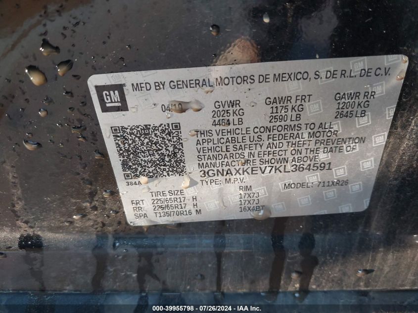 2019 Chevrolet Equinox Lt VIN: 3GNAXKEV7KL364591 Lot: 39955798