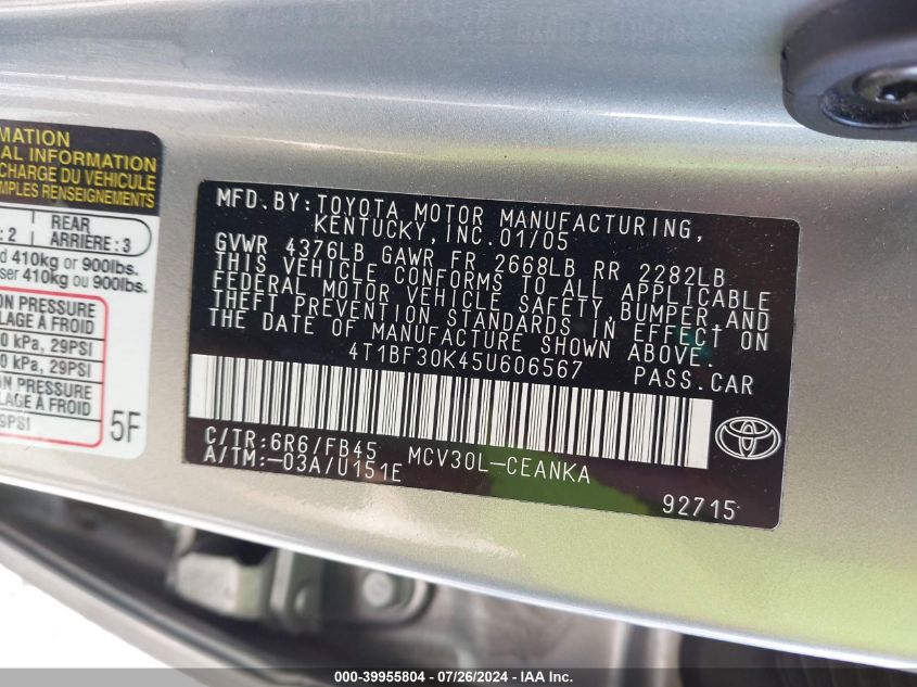 2005 Toyota Camry Le V6/Xle V6 VIN: 4T1BF30K45U606567 Lot: 39955804