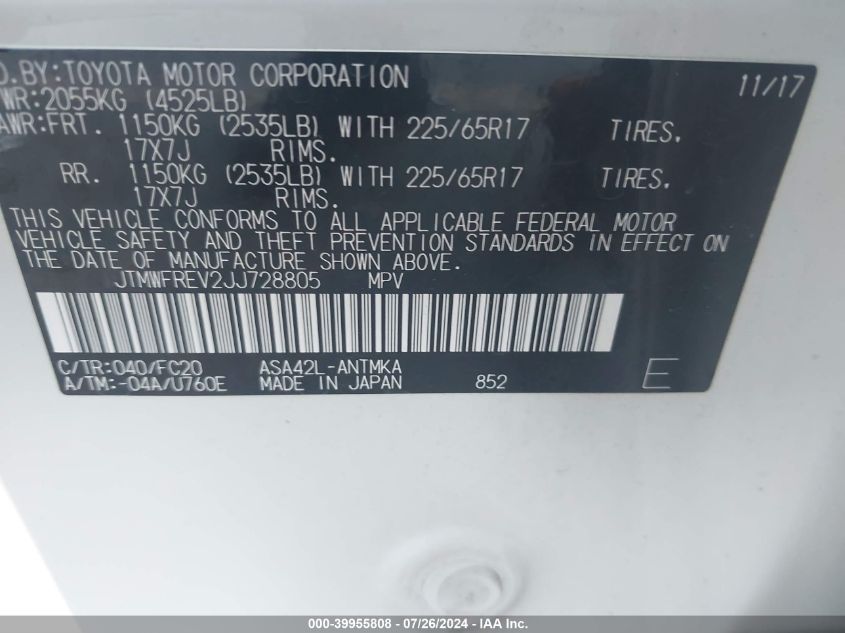 VIN JTMWFREV2JJ728805 2018 TOYOTA RAV4 ADVENTURE/XLE