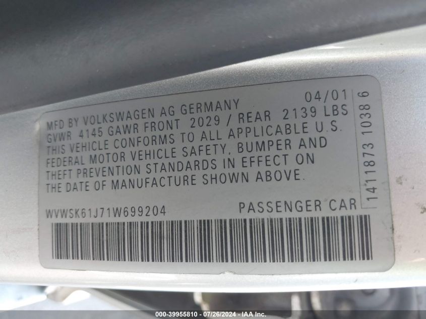 2001 Volkswagen Jetta Gls VIN: WVWSK61J71W699204 Lot: 39955810