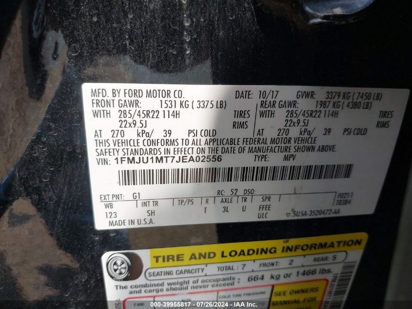 VIN 1FMJU1MT7JEA02556 2018 FORD EXPEDITION PLATINUM