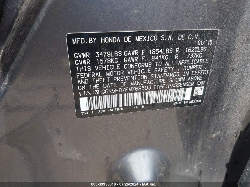 2015 Honda Fit Ex/Ex-L VIN: 3HGGK5H87FM768503 Lot: 39955818