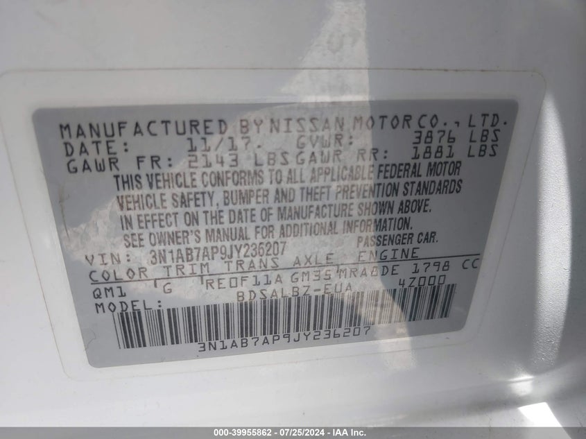 2018 Nissan Sentra S/Sv/Sr/Sl VIN: 3N1AB7AP9JY236207 Lot: 39955862