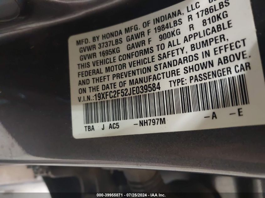 2018 Honda Civic Lx VIN: 19XFC2F52JE039584 Lot: 39955871