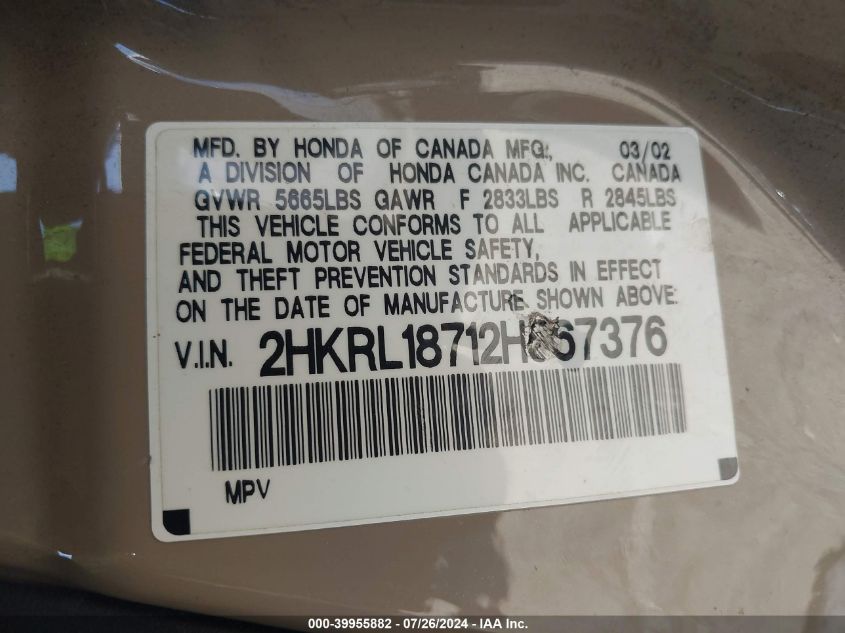 2002 Honda Odyssey Exl VIN: 2HKRL18712H567376 Lot: 39955882