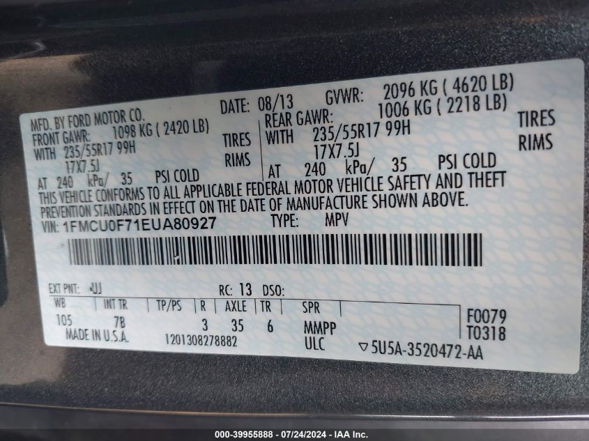 2014 Ford Escape S VIN: 1FMCU0F71EUA80927 Lot: 39955888