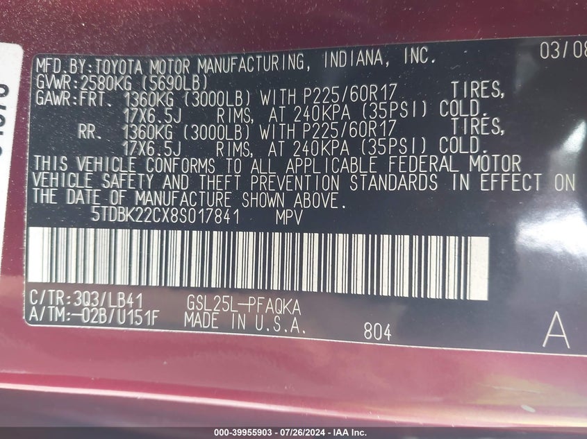 2008 Toyota Sienna Limited/Xle VIN: 5TDBK22CX8S017841 Lot: 39955903