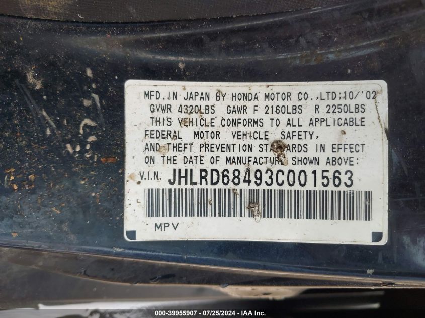 2003 Honda Cr-V Lx VIN: JHLRD68493C001563 Lot: 39955907