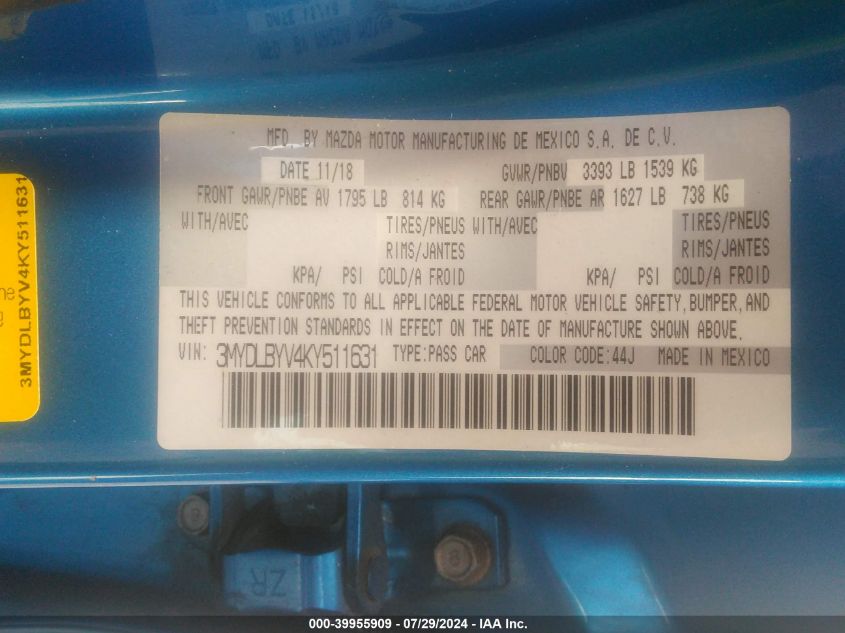 VIN 3MYDLBYV4KY511631 2019 TOYOTA YARIS L/LE/XLE
