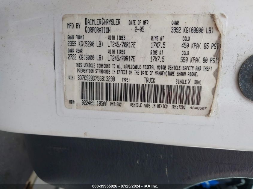 2005 Dodge Ram 2500 St/Slt VIN: 3D7KS28D75G813298 Lot: 39955926