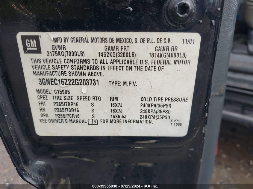 2002 Chevrolet Suburban 1500 Lt VIN: 3GNEC16Z22G203731 Lot: 39955938