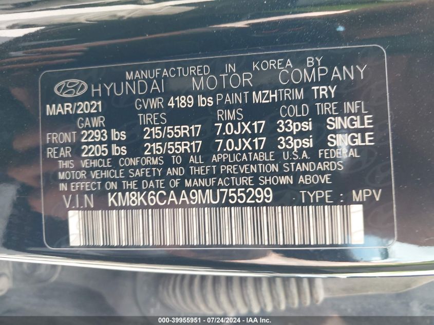 2021 Hyundai Kona Sel Plus VIN: KM8K6CAA9MU755299 Lot: 39955951