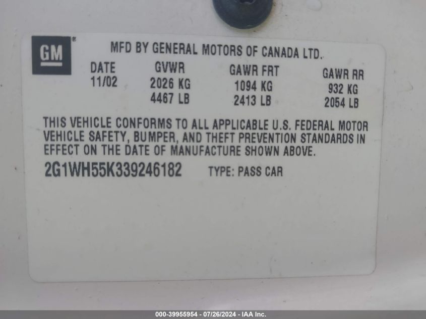 2003 Chevrolet Impala Ls VIN: 2G1WH55K339246182 Lot: 39955954