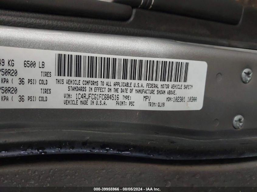 2015 Jeep Grand Cherokee Overland VIN: 1C4RJFCG1FC684516 Lot: 39955966