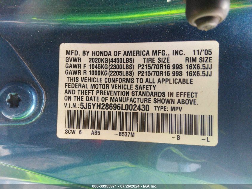 2006 Honda Element Ex VIN: 5J6YH28696L002430 Lot: 39955971