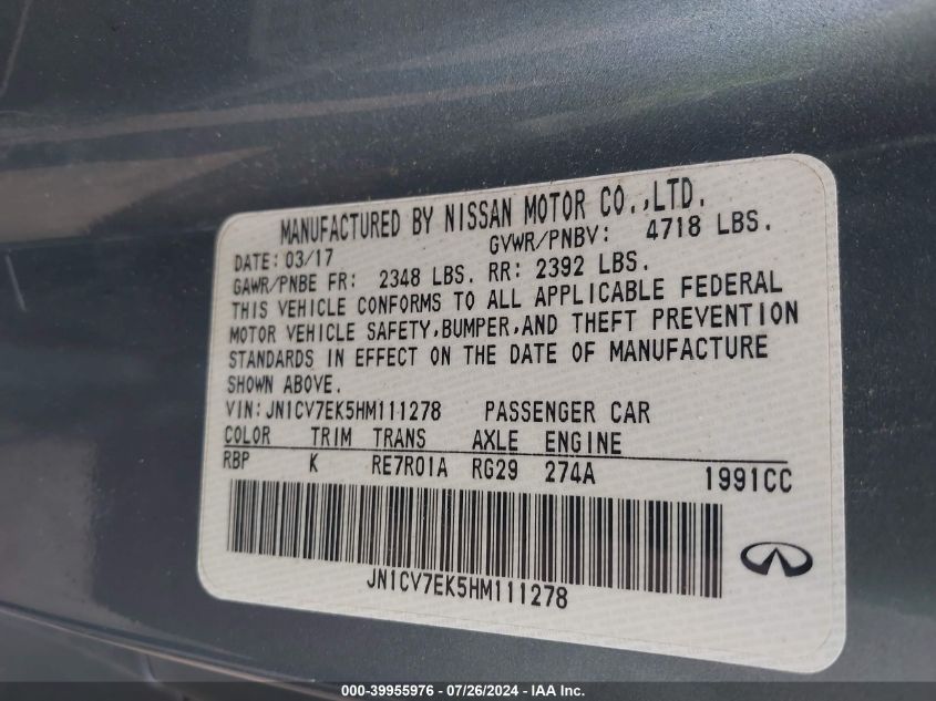 JN1CV7EK5HM111278 2017 Infiniti Q60 2.0T Premium