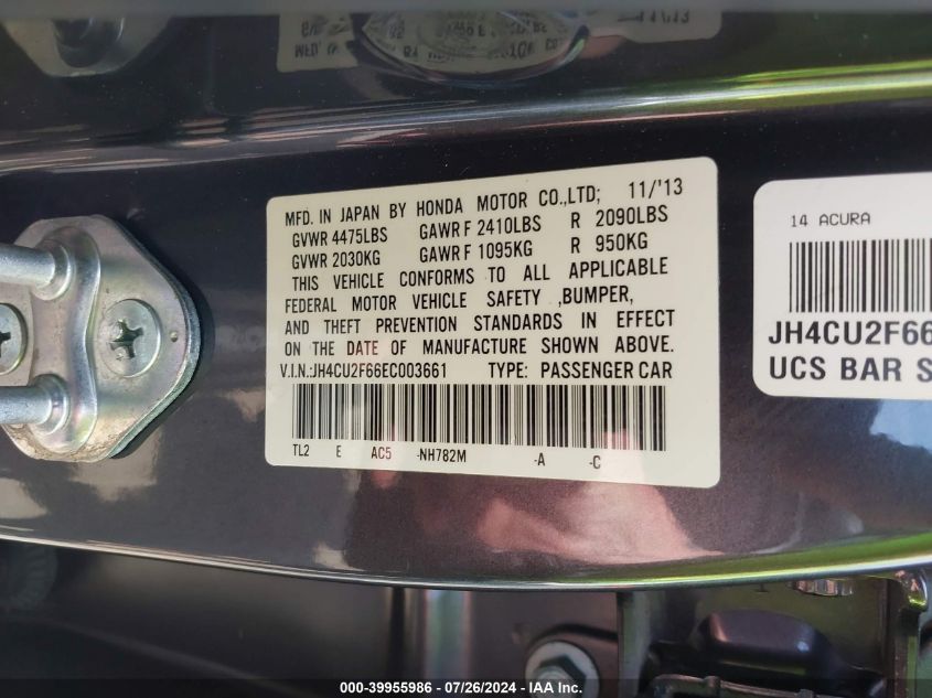 JH4CU2F66EC003661 2014 Acura Tsx 2.4