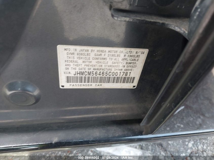 2005 Honda Accord 2.4 Lx VIN: JHMCM56465C001781 Lot: 39956002