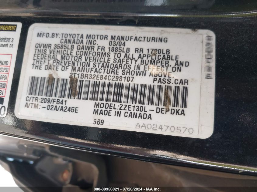 2004 Toyota Corolla Ce/Le/S VIN: 2T1BR32E84C298107 Lot: 39956021