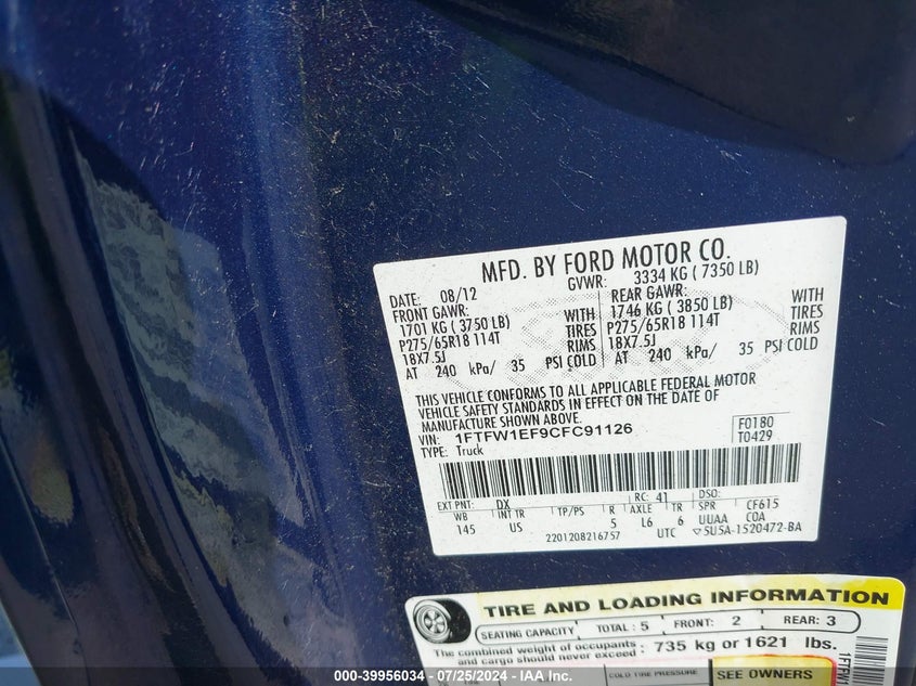 2012 Ford F-150 Xlt VIN: 1FTFW1EF9CFC91126 Lot: 39956034