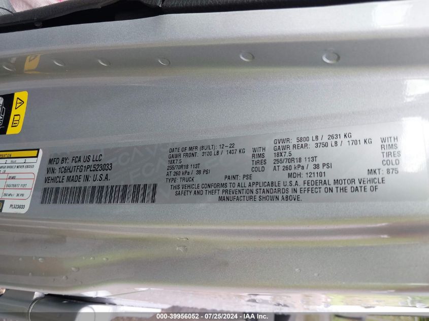 2023 Jeep Gladiator Overland VIN: 1C6HJTFG1PL523033 Lot: 39956052