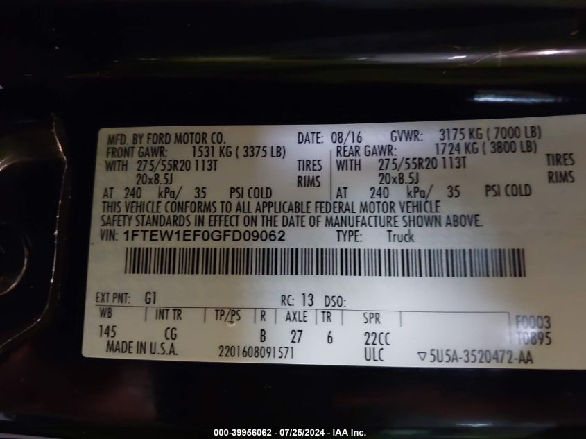 2016 Ford F150 Supercrew VIN: 1FTEW1EF0GFD09062 Lot: 39956062