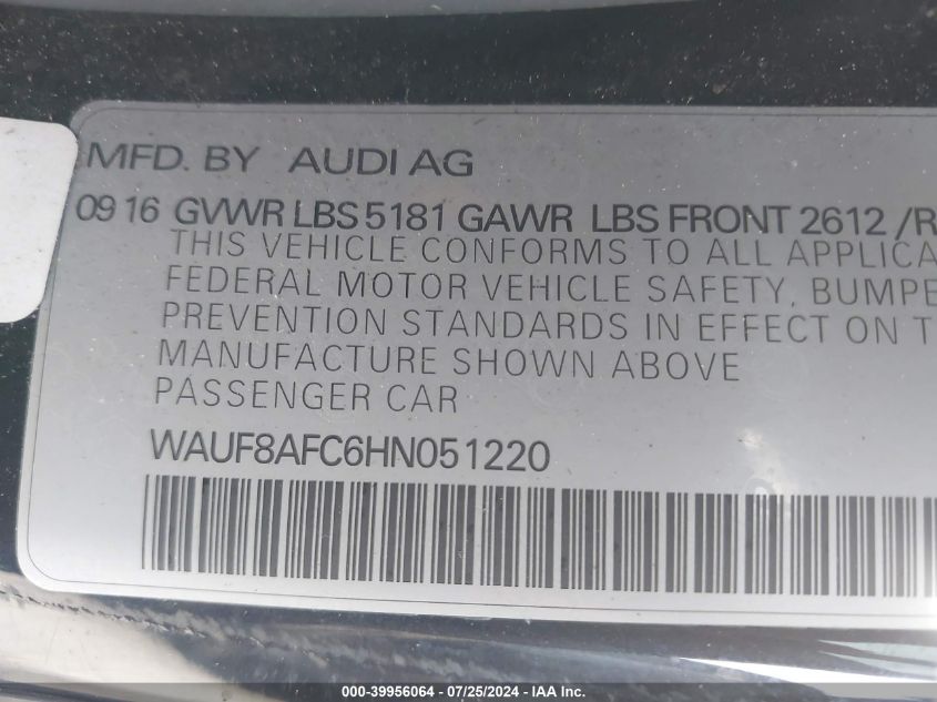 2017 Audi A6 2.0T Premium VIN: WAUF8AFC6HN051220 Lot: 39956064