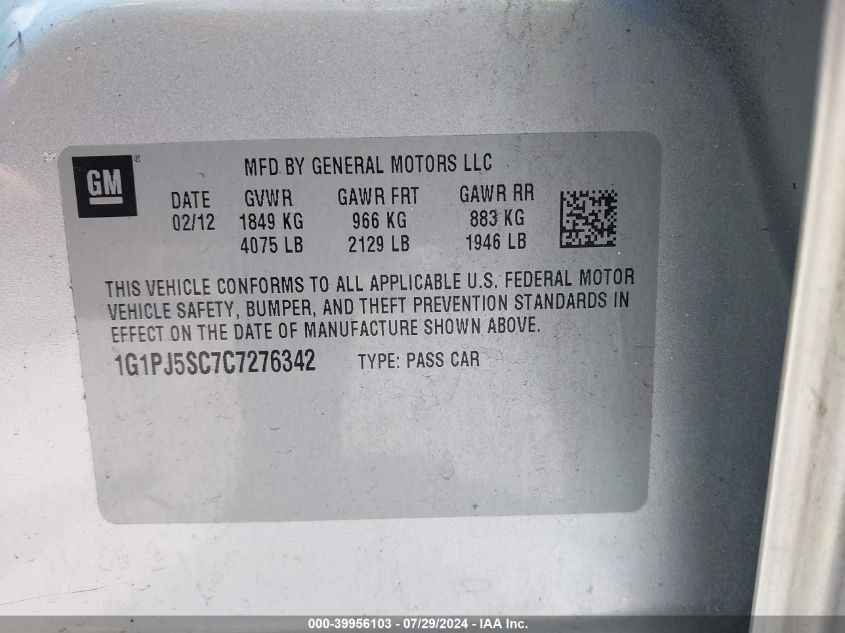 2012 Chevrolet Cruze Eco VIN: 1G1PJ5SC7C7276342 Lot: 39956103