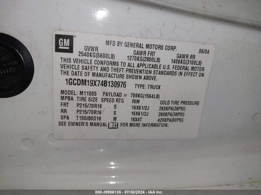 2004 Chevrolet Astro VIN: 1GCDM19X74B130976 Lot: 39956135