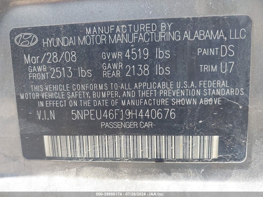 2009 Hyundai Sonata Se V6 VIN: 5NPEU46F19H440676 Lot: 39956174