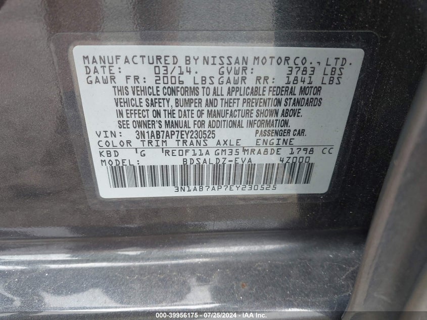 2014 Nissan Sentra S/Sv/Sr/Sl VIN: 3N1AB7AP7EY230525 Lot: 39956175