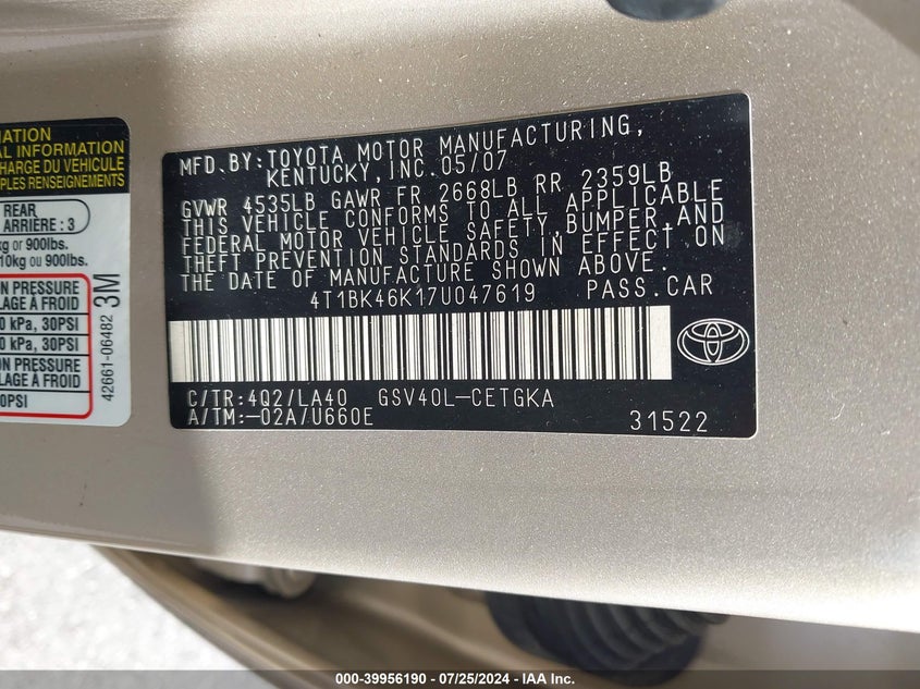 2007 Toyota Camry Xle V6 VIN: 4T1BK46K17U047619 Lot: 39956190