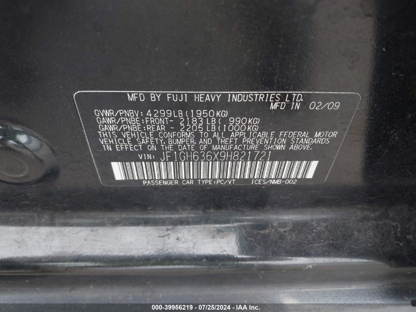 2009 Subaru Impreza Outback Sport Outback Sport VIN: JF1GH636X9H821721 Lot: 39956219