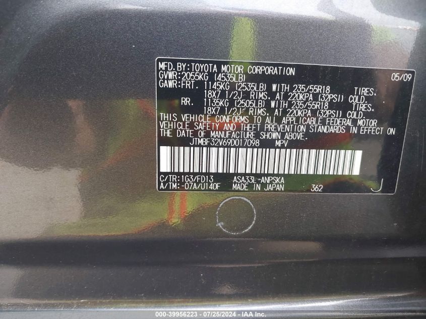 2009 Toyota Rav4 Sport VIN: JTMBF32V69D017098 Lot: 39956223