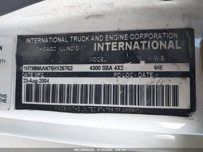 2005 International 4000 4300 VIN: 1HTMMAAN75H126762 Lot: 39956229