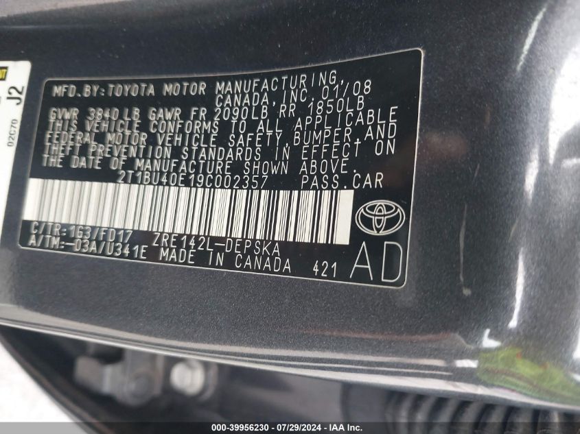 2009 Toyota Corolla Le/S/Xle VIN: 2T1BU40E19C002357 Lot: 39956230