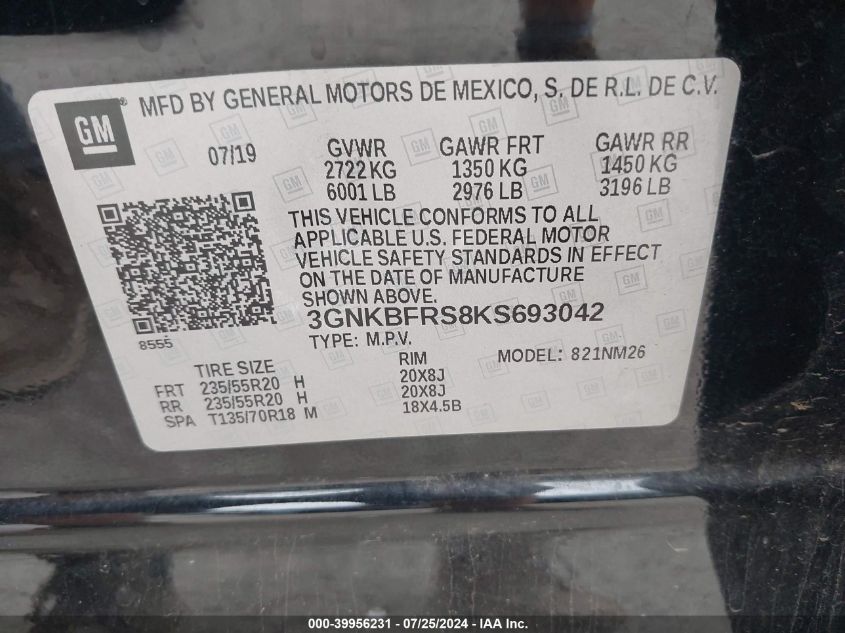 2019 Chevrolet Blazer Premier VIN: 3GNKBFRS8KS693042 Lot: 39956231