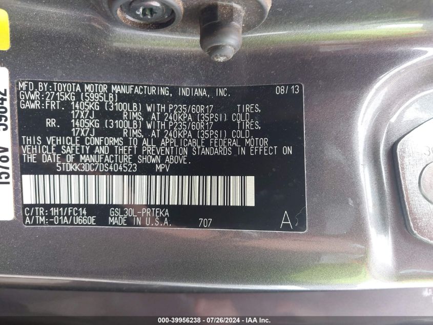 5TDKK3DC7DS404523 2013 Toyota Sienna Le V6 7 Passenger Auto Access Seat/Le V6 8 Passenger