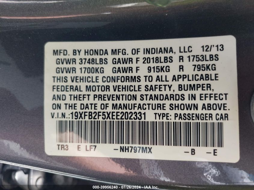 2014 Honda Civic Lx VIN: 19XFB2F5XEE202331 Lot: 39956240