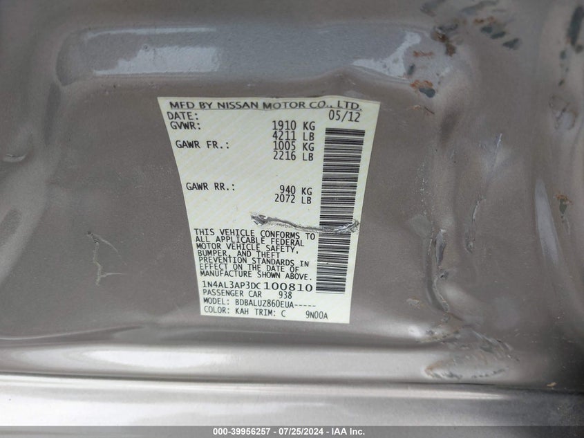 1N4AL3AP3DC100810 2013 Nissan Altima 2.5 Sv