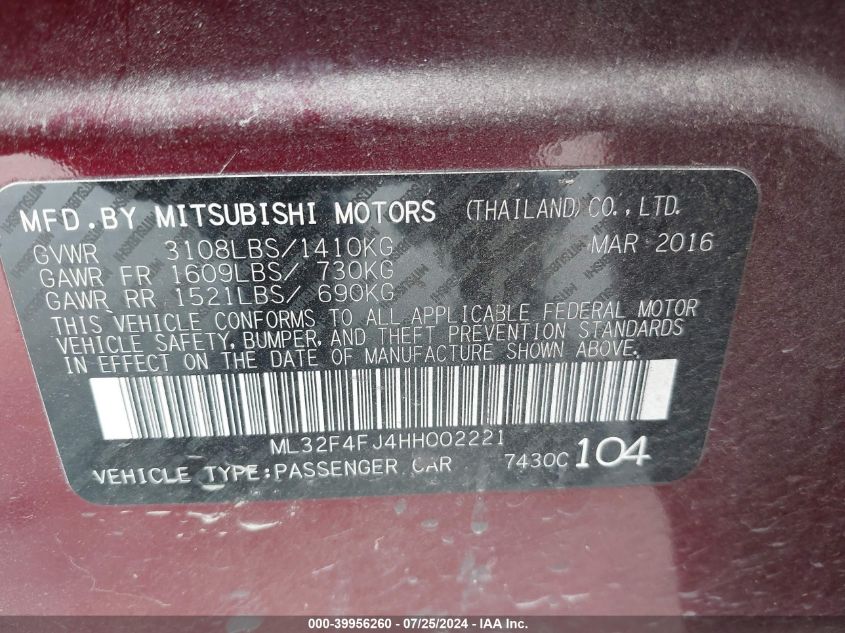 ML32F4FJ4HH002221 2017 Mitsubishi Mirage G4 Se