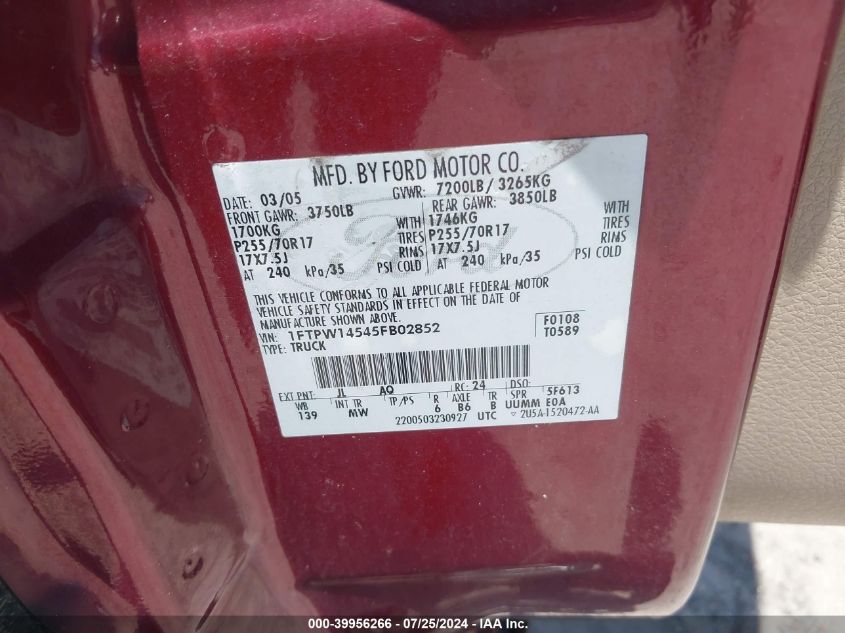 2005 Ford F-150 Fx4/Lariat/Xlt VIN: 1FTPW14545FB02852 Lot: 39956266